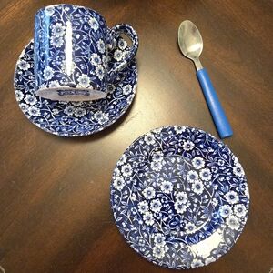 Vtg.Blue Calico Coffee Mug, Saucer, Dessert Plate, Blue Handled Spoon